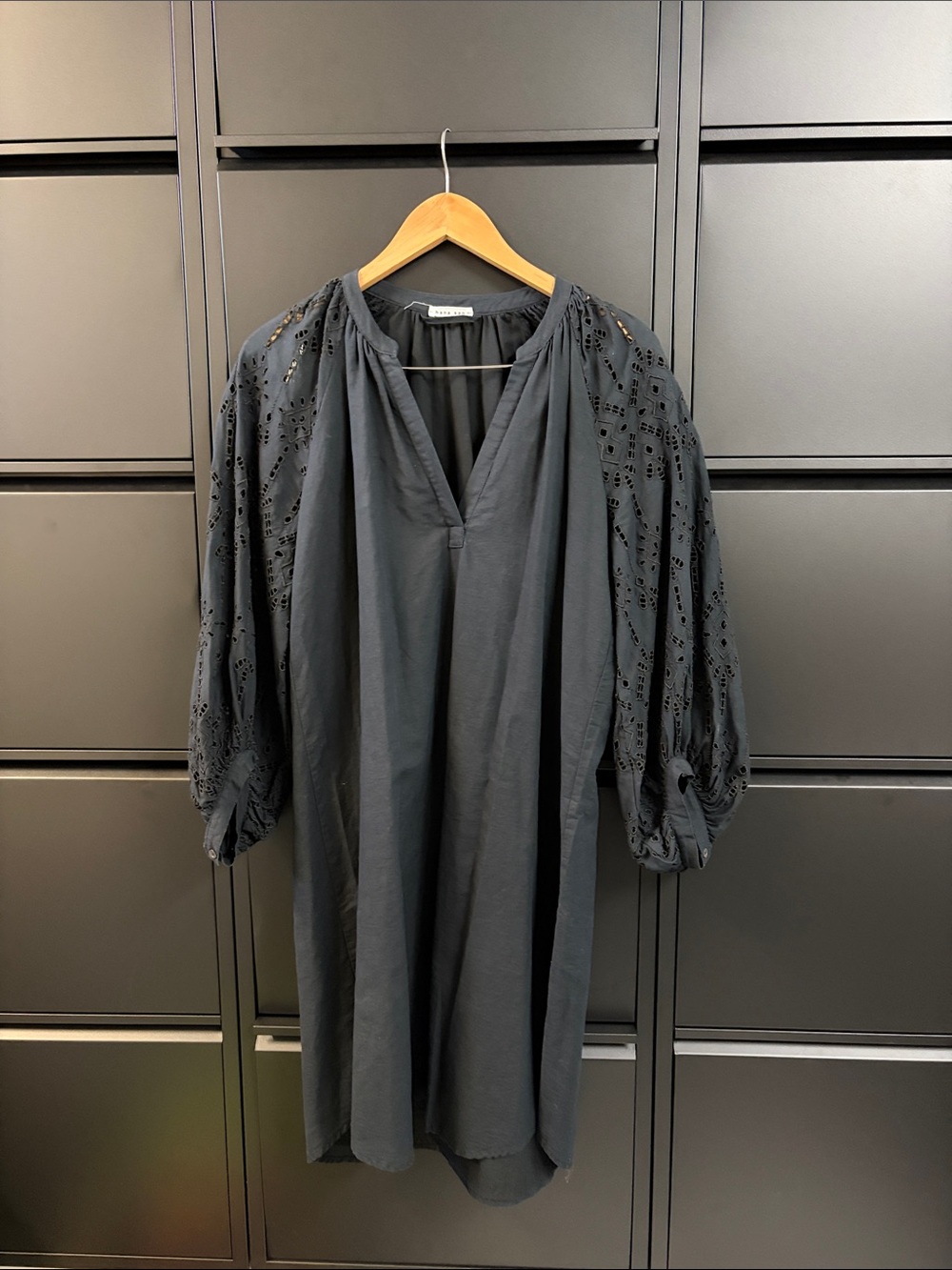 Women's Black Eyelet Bishop Sleeve Tunic Dress